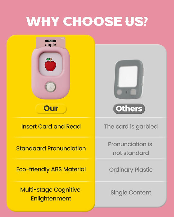 Talking flash cards comparison: insert card and read, clear pronunciation, ABS reader