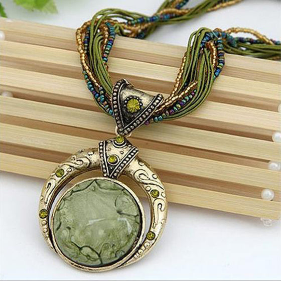 Vintage Braided Rope Pendant Necklace Bohemian Colorful Stone Jewelry