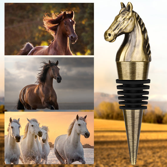 Silver horse head wine bottle stopper with photos of horses