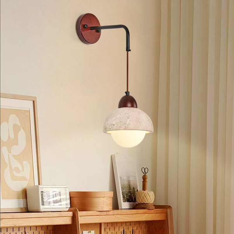 Wabi-Sabi Style Cave Stone Wall Lamp Wooden Body LED Warm Light Fixture for Hotel Bedroom Restaurant