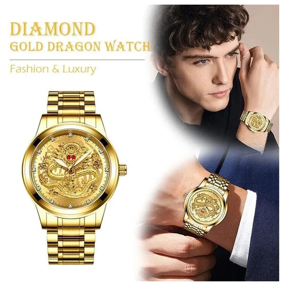 Man wearing the gold-tone dragon dial watch, with the watch shown beside him