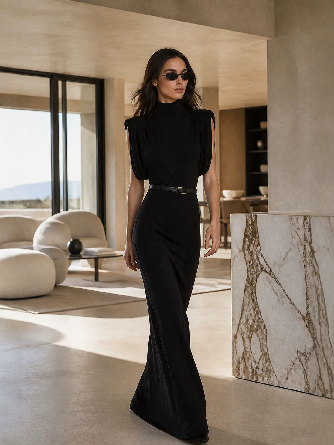 Women's Sleeveless High Neck Evening Party Long Dress with Belt