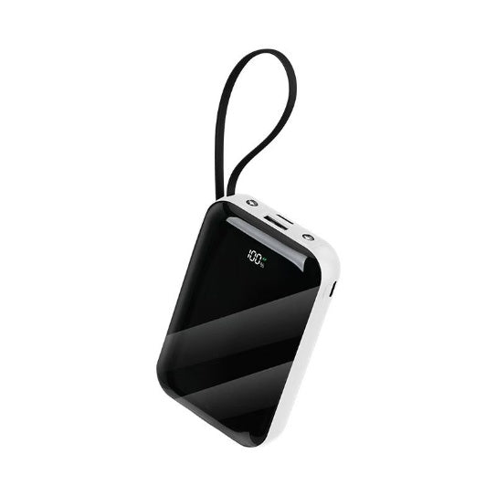 White-trim power bank with LED display and wrist strap