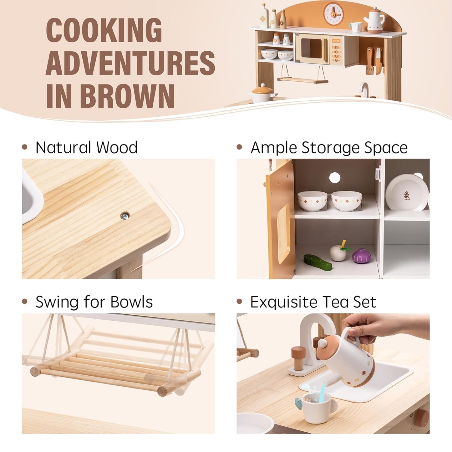 Robud Large Wooden Kids Kitchen Playset with Accessories