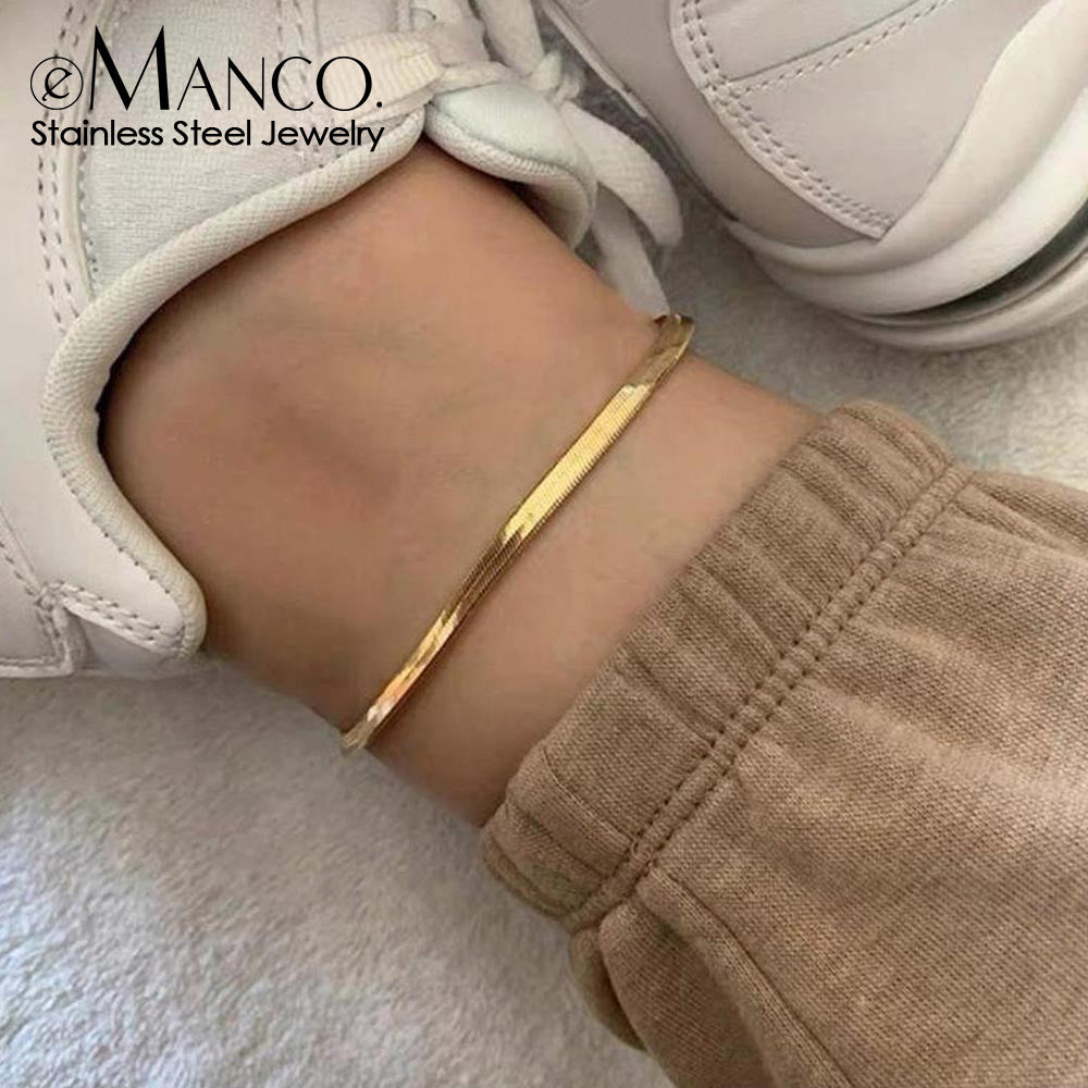 Women's Titanium Steel Snake Bone Chain Anklet Gold Silver Simple Adjustable Foot Jewelry