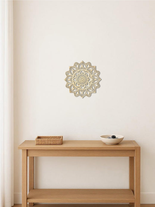 Metal mandala wall art in a meditation corner setting