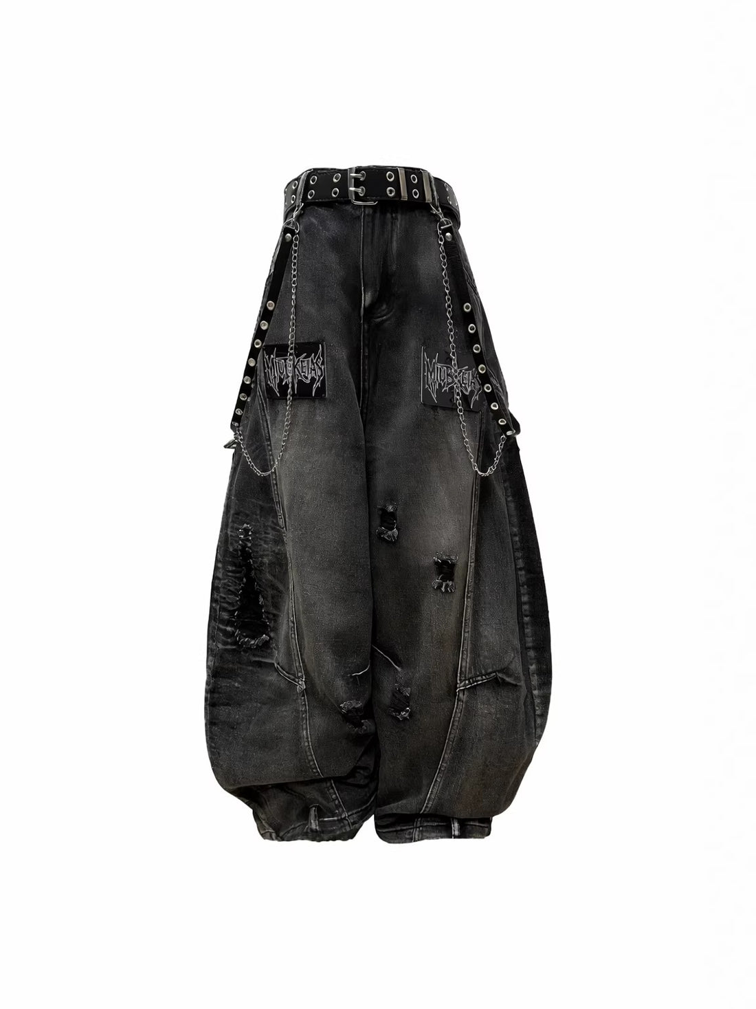 Punk-Style Distressed Ripped Denim Wide-Leg Pants