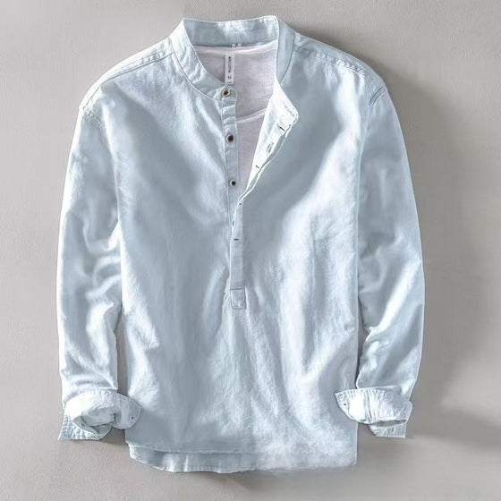 Men's Cotton Linen Stand-Up Collar Long-Sleeve Pullover Shirt Solid Casual Retro Top