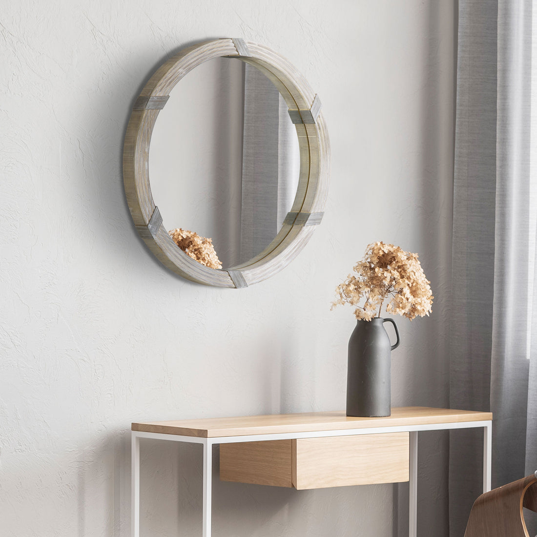Close-up of natural wood mirror frame texture