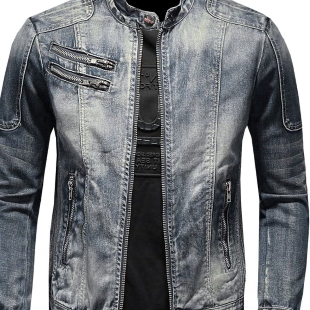 Men's Retro Solid Color Stand Collar Denim Jacket Casual Long Sleeve Outerwear