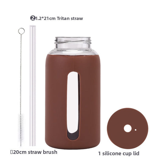 Insulated borosilicate glass cup with straw lid and silicone sleeve
