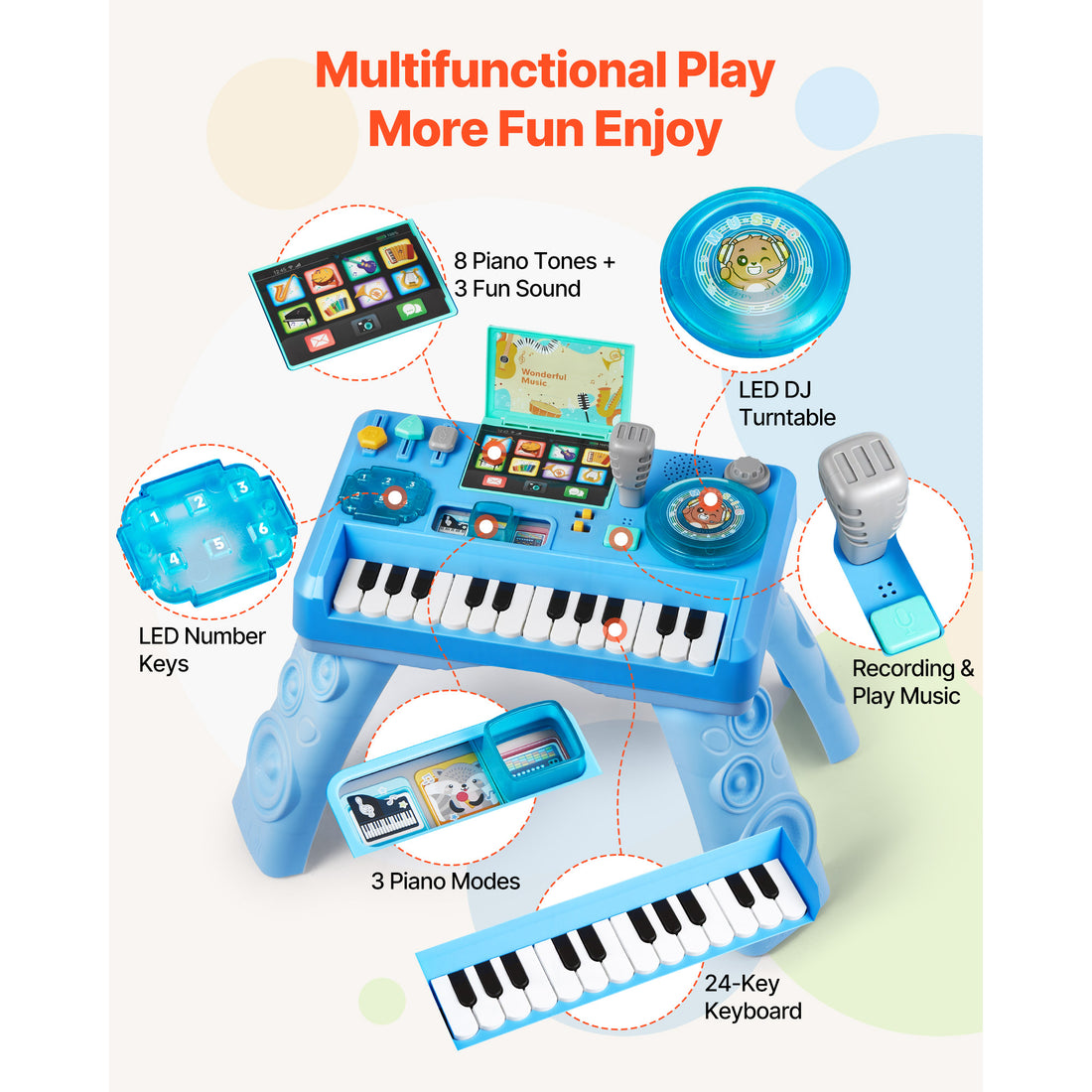 Baby DJ playset features: 8 piano tones, LED DJ turntable, recording and 24-key keyboard