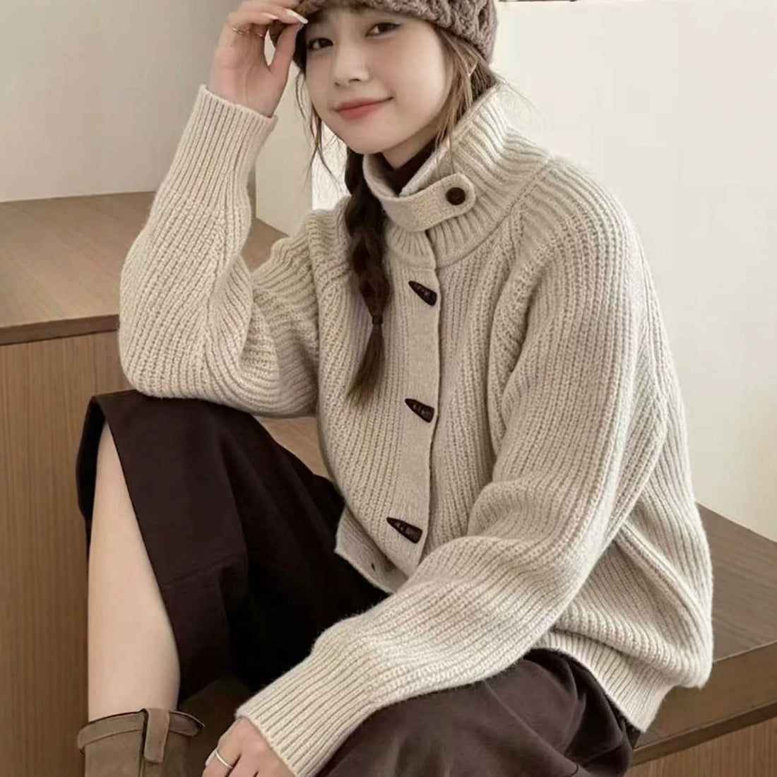 Women Knitted High Collar Cardigan Horn Button Thick Sweater