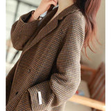 Women's loose mid-length checked wool coat