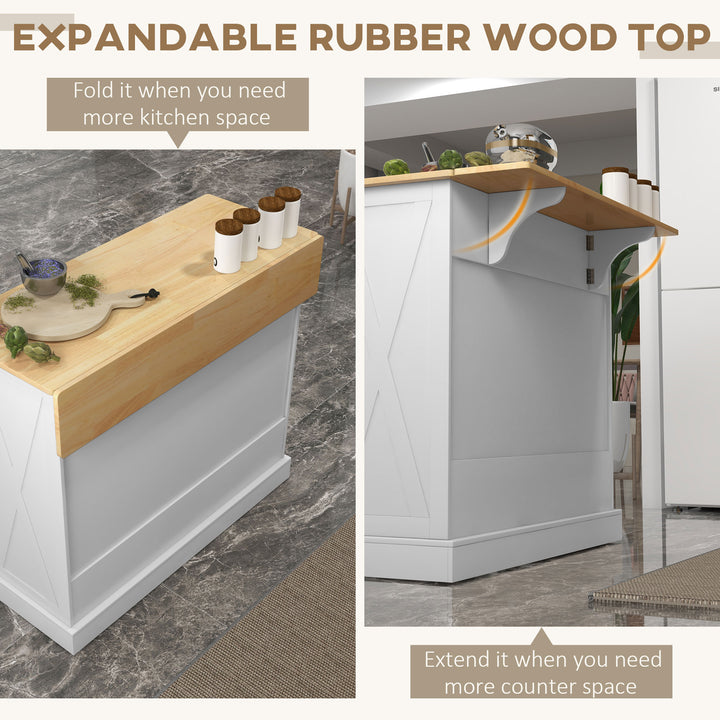 Rolling kitchen island cart with drop leaf extended for breakfast bar