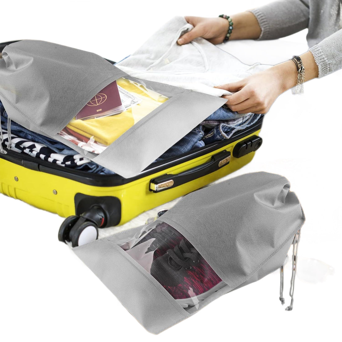 Foldable Non-Woven Drawstring Shoe Bag with Transparent Window, Dustproof Travel Storage Organizer