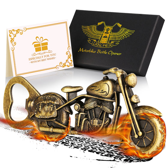 Bronze vintage motorcycle bottle opener with black gift box and greeting card