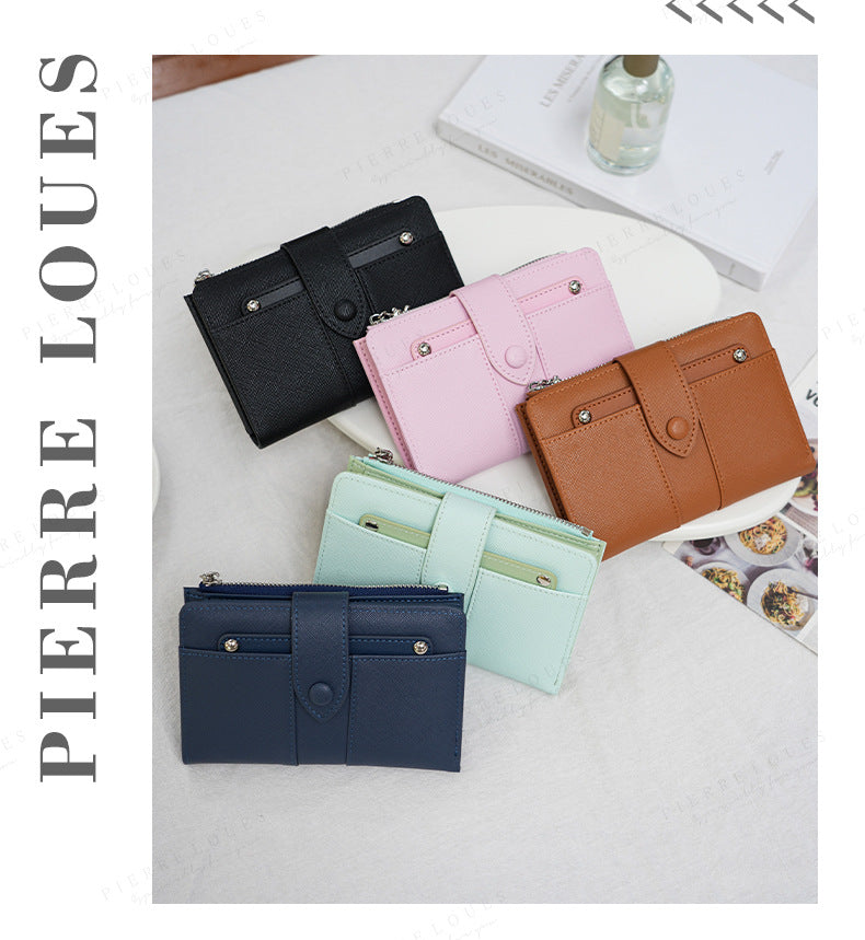 Bifold wallets in black, pink and brown, colors for reference