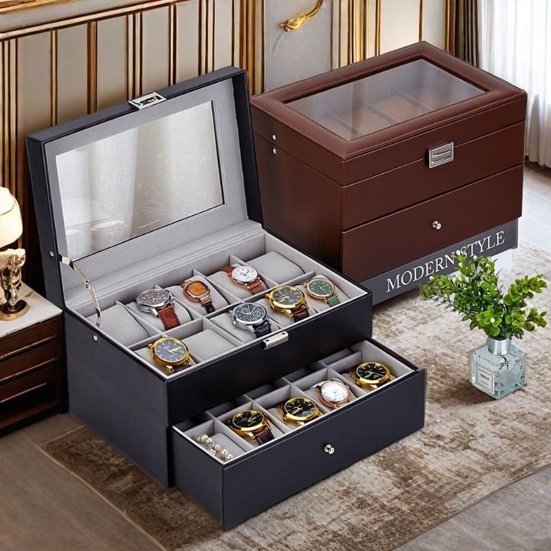 Leather Watch Storage Box with Transparent Lid