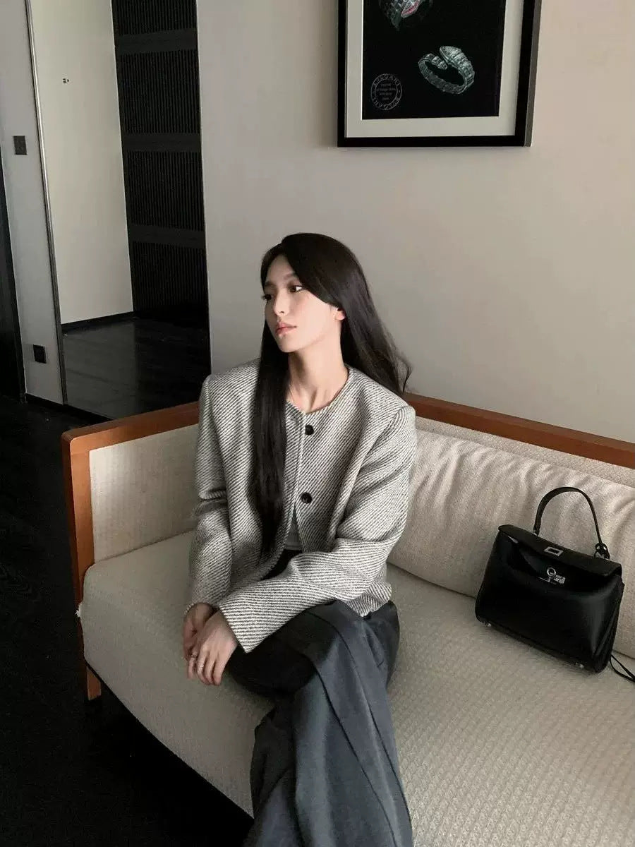 Women's Short Tweed Jacket Round Neck Long Sleeve Coat