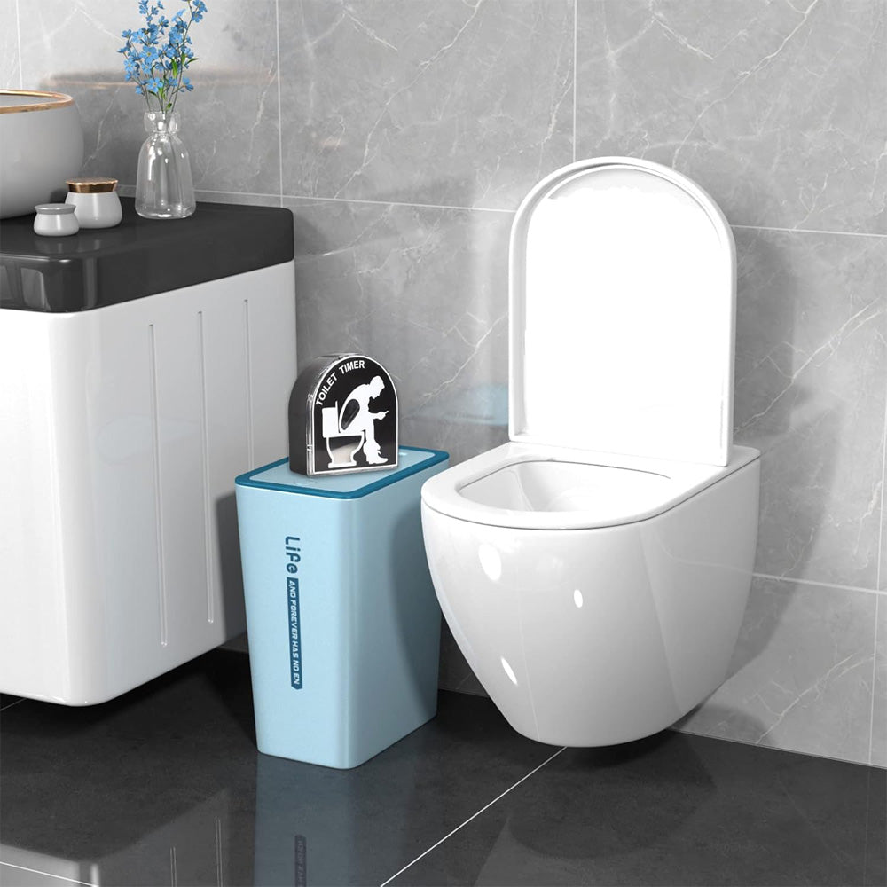 5-minute toilet timer on a bathroom cabinet beside a white toilet