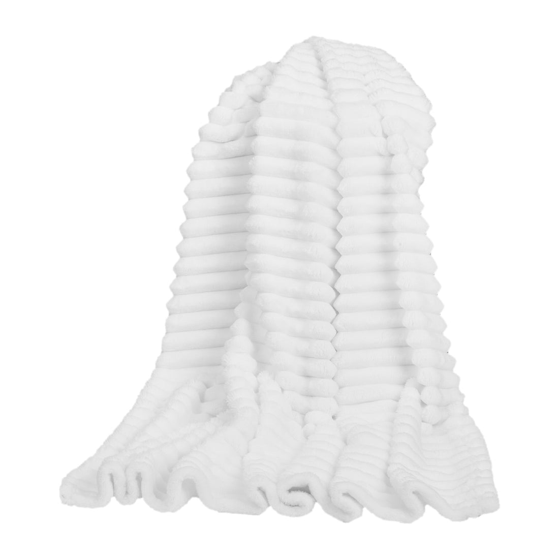 White ribbed fleece throw blanket draped, showing texture