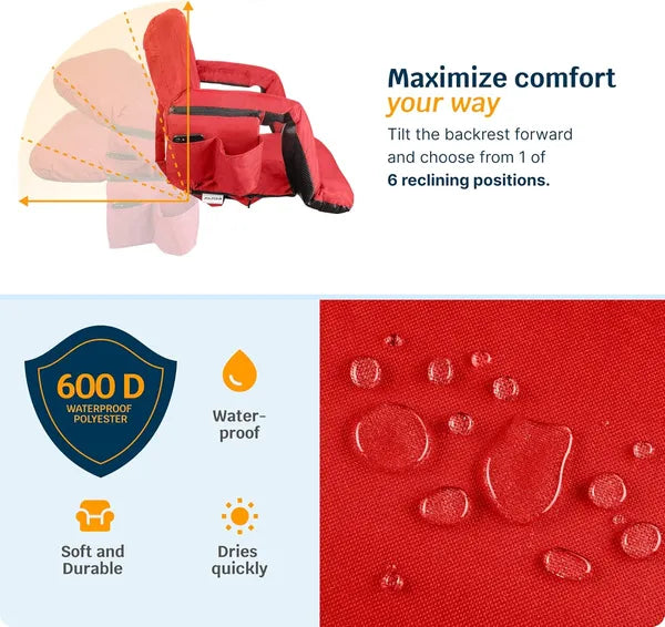 Heated stadium seat reclining backrest angle adjustment