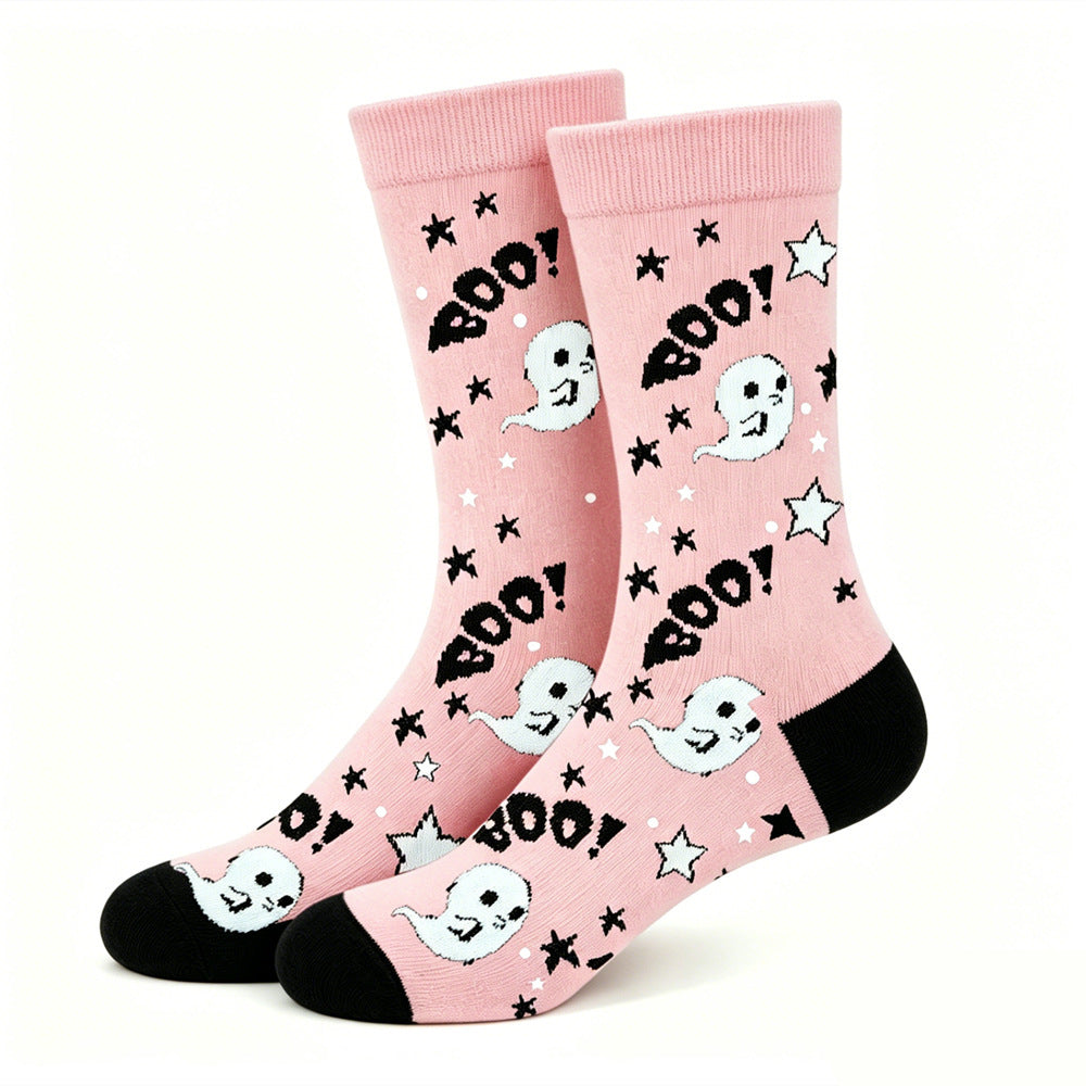 Sweet and Cool Pink Purple Contrasting Color Halloween Mid-Calf Cotton Socks