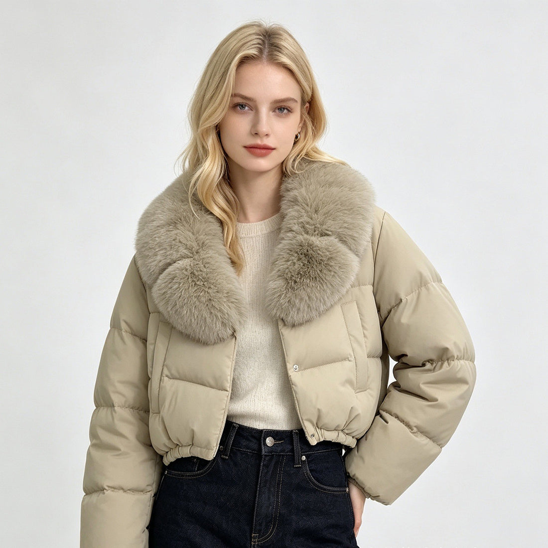 Women's short padded coat with removable faux fur collar, photo 4