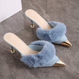 Womens Fur Pointed Toe High Heel Slippers
