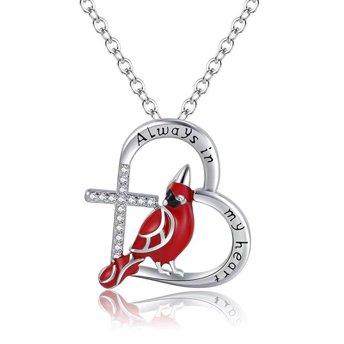 Cardinal heart pendant with a rhinestone cross and engraved message