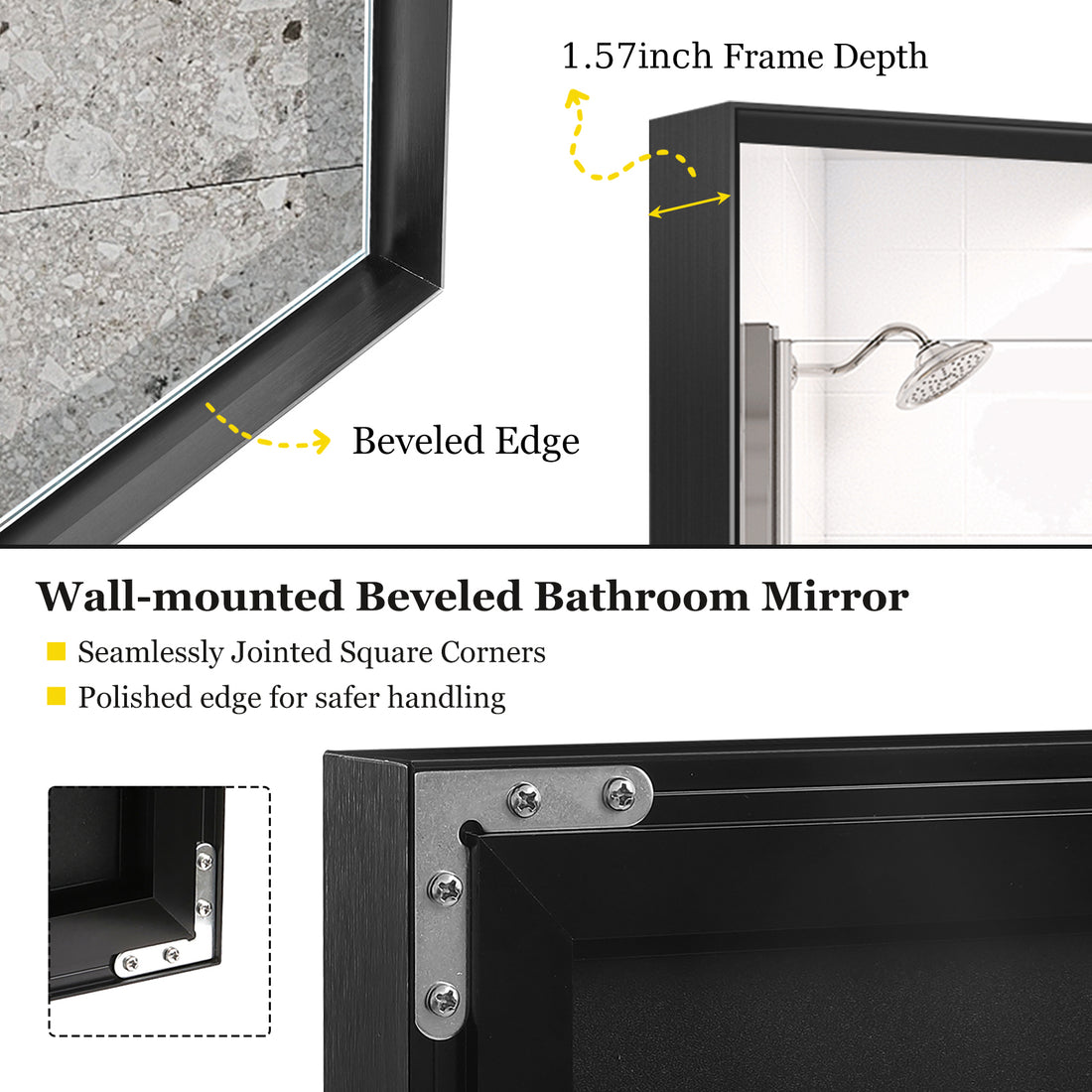 40x30 Inch Glossy Black Bathroom Wall Vanity Mirror