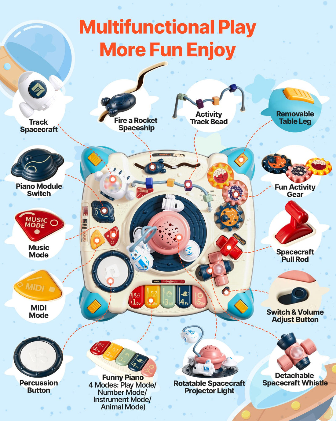 Spacecraft activity table features: rocket, track, piano, projector and spaceship whistle