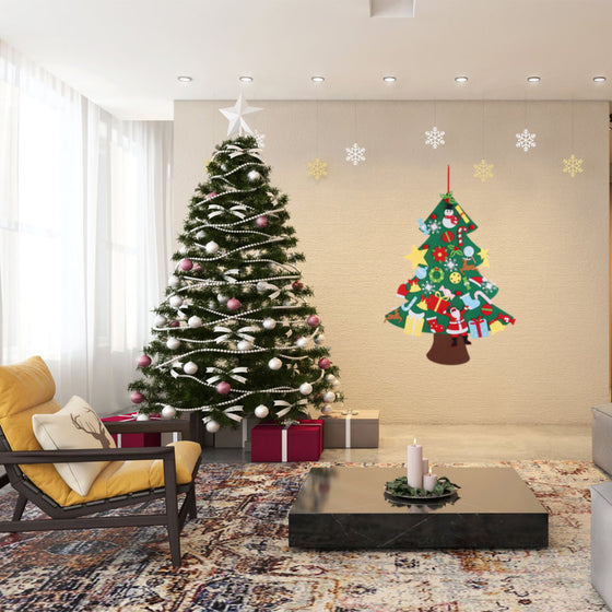 Decorated felt Christmas tree hanging in a bright living room