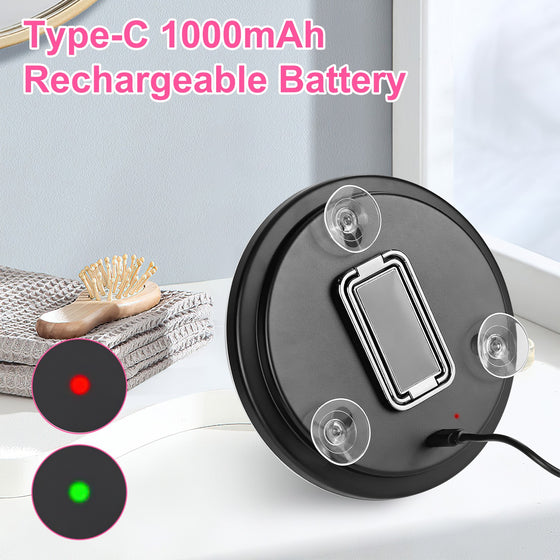Back of the black magnifying mirror with suction cups, stand and charging indicator