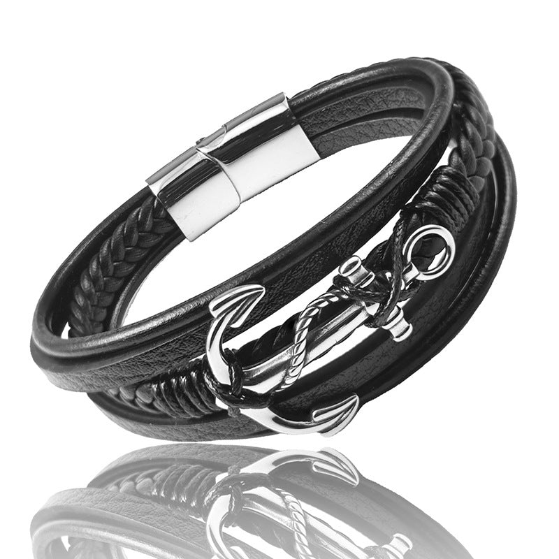 Men's Vintage Braided Leather Anchor Magnetic Bracelet