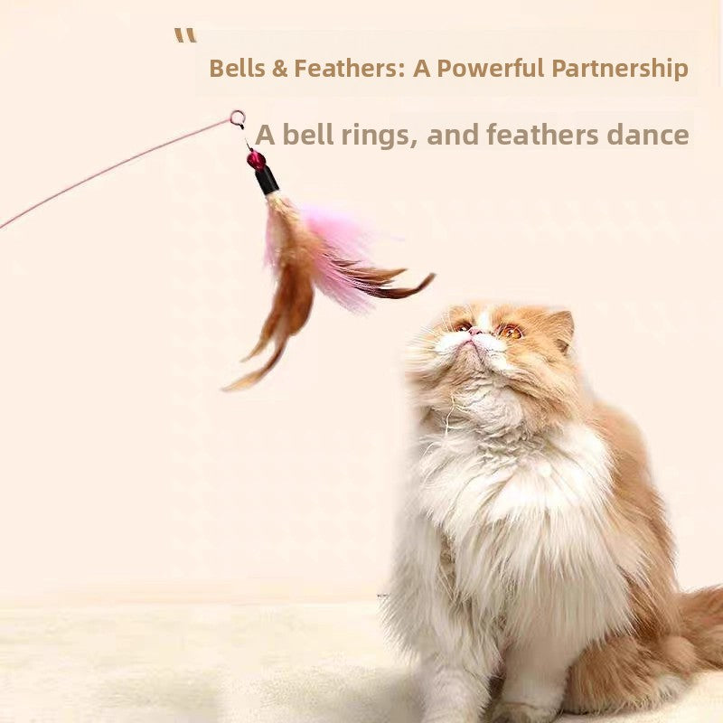 Interactive Cat Teaser Toy with Feathers and Bell, Durable Wire Wand for Kitten Play
