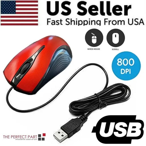 Red and black wired USB optical mouse with 800 DPI badge