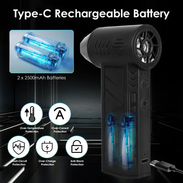 Air duster with two built-in 2500mAh batteries and protection icons