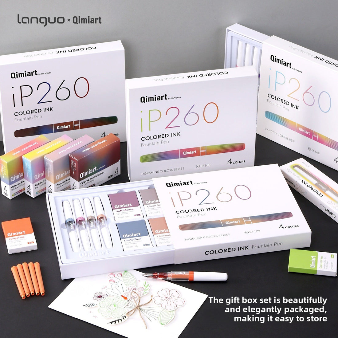 4-Color Fountain Pen Gift Set with EF Fine Nib and 20 Ink Cartridges