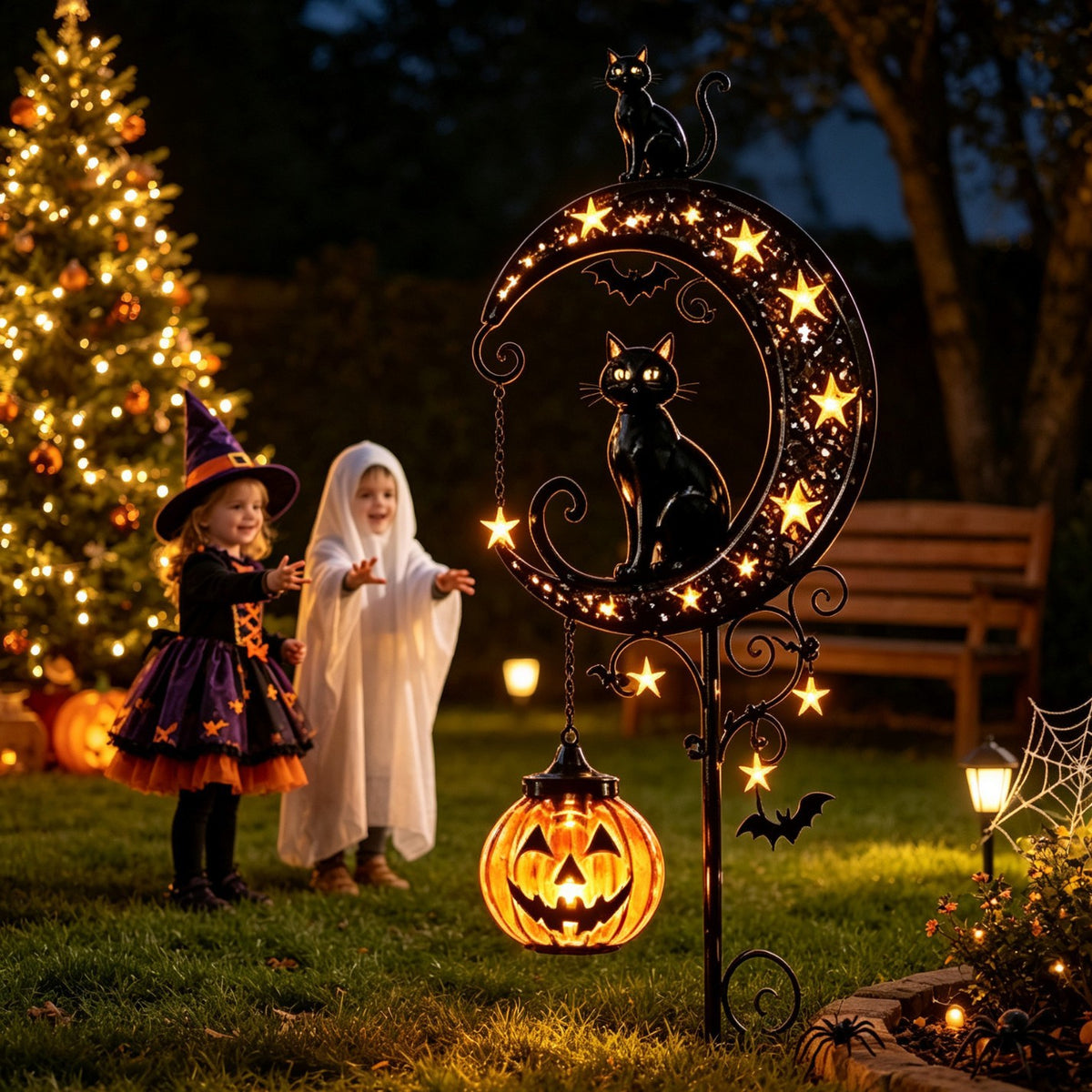 Solar Black Cat Pumpkin Stake Light
