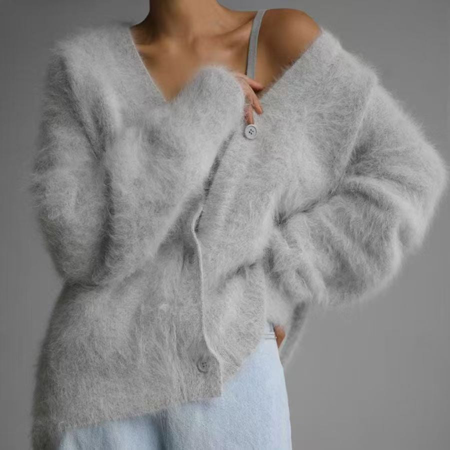 Women's Faux Fur Knit Cardigan V-Neck Long Sleeve Loose Fit Sweater