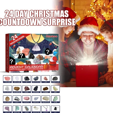 Mineral advent calendar with a key of 24 stones and a family opening a glowing gift