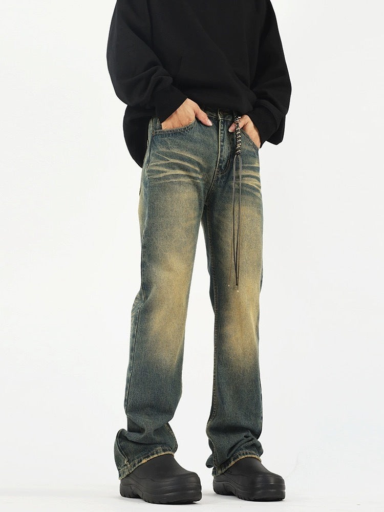 Distressed yellow mud-dyed washed jeans straight-tube micro-pants