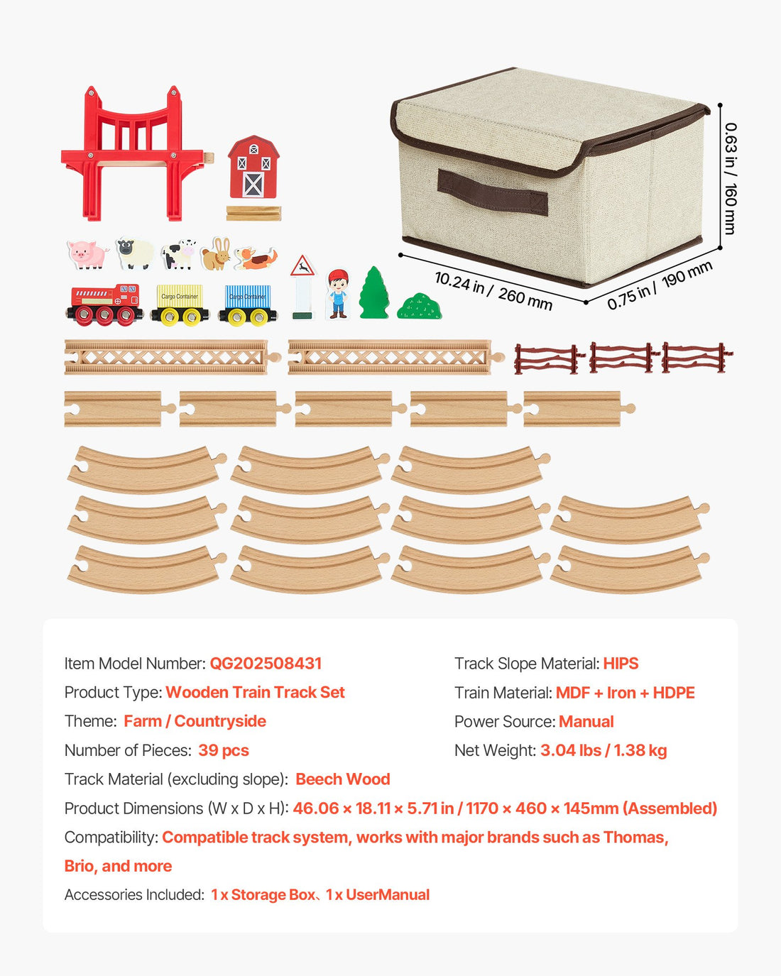 Wooden train set pieces, storage box and specification list, 39 pieces