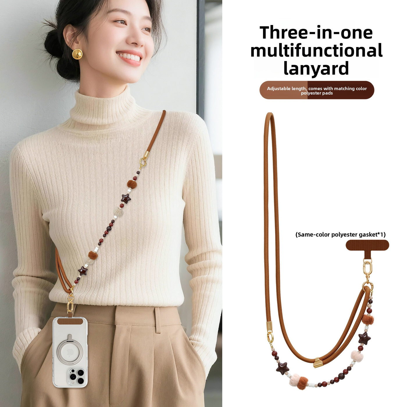 Furry Beaded Phone Strap Long Crossbody Neck Anti-Loss Chain