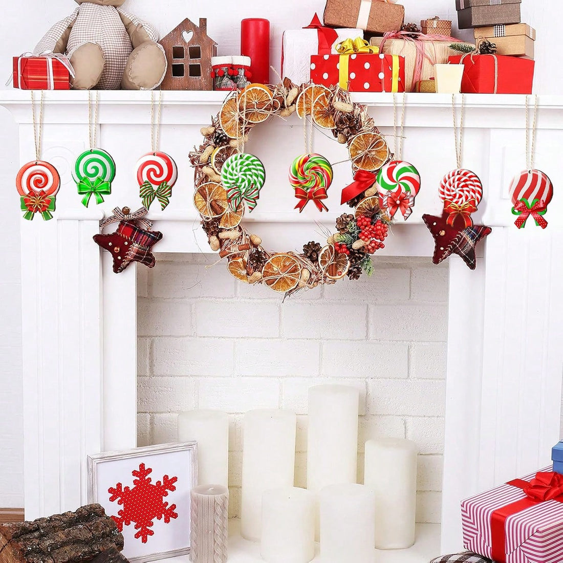 Mantel with a wreath decorated with peppermint candy Christmas ornaments