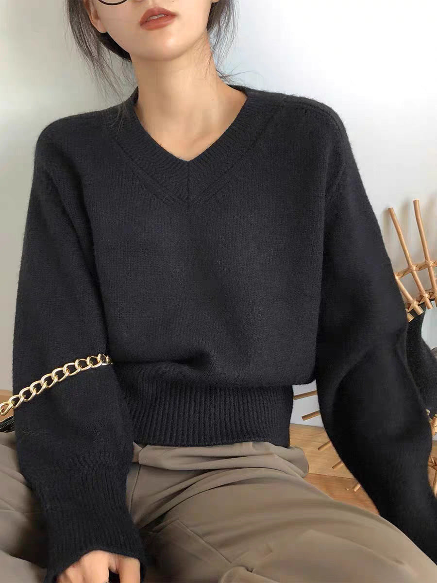 Women V-Neck Solid Color Long Sleeve Sweater Loose Fit Pullover