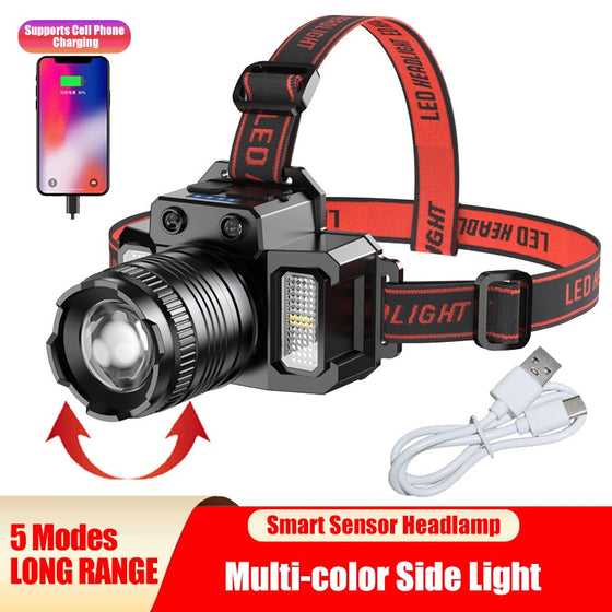Zoom LED headlamp with red headband, USB cable and phone charging