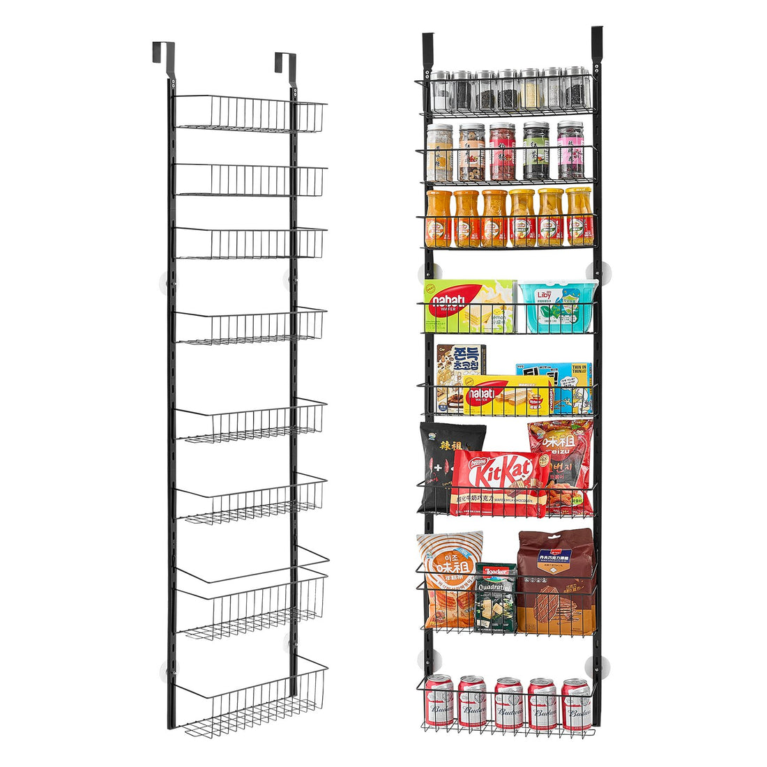 Empty and filled 8-tier over-the-door pantry organizer